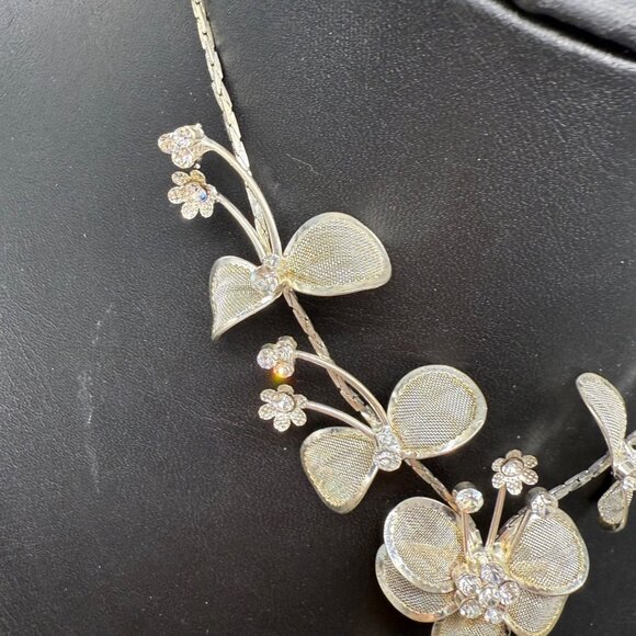 Silver Floral Butterfly Necklace With Rhinestones & Adjustable Chain - Picture 4 of 6